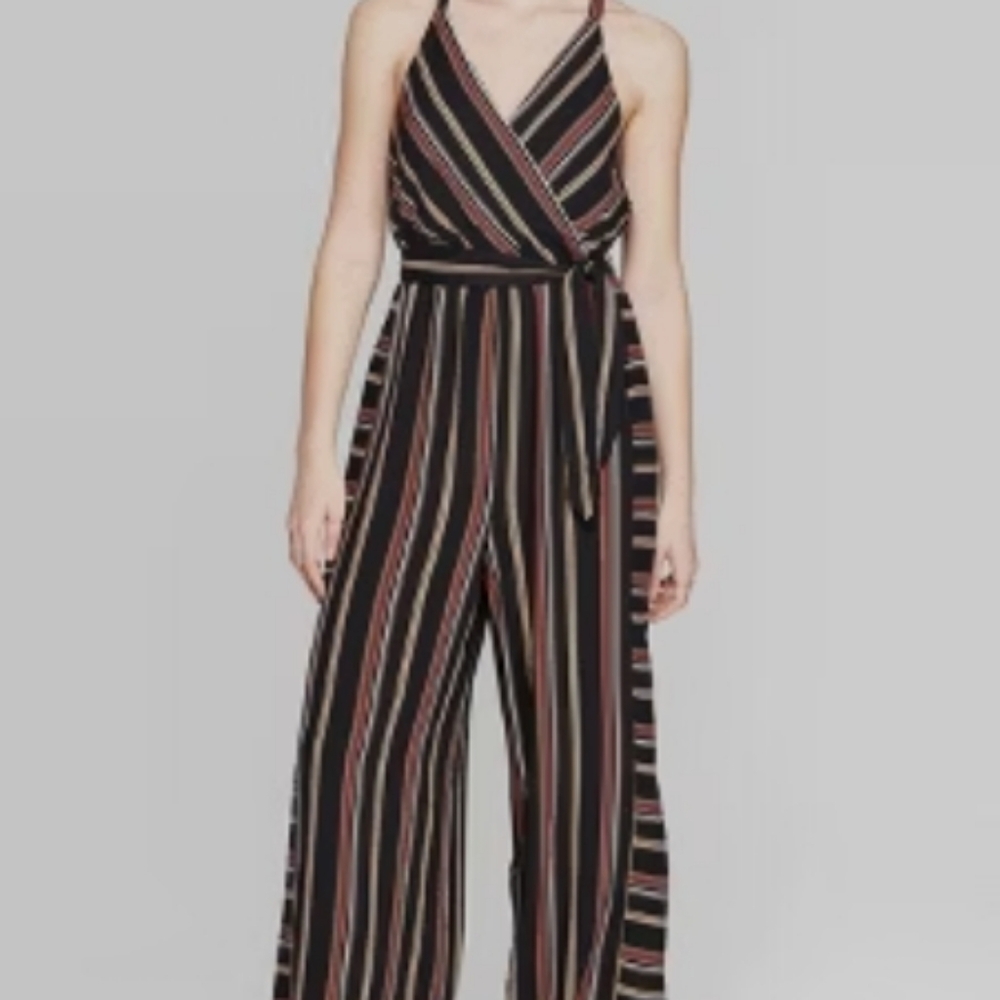 Xhilaration Striped Jumpsuit with Wrap V-Neck and Wide-Leg Design